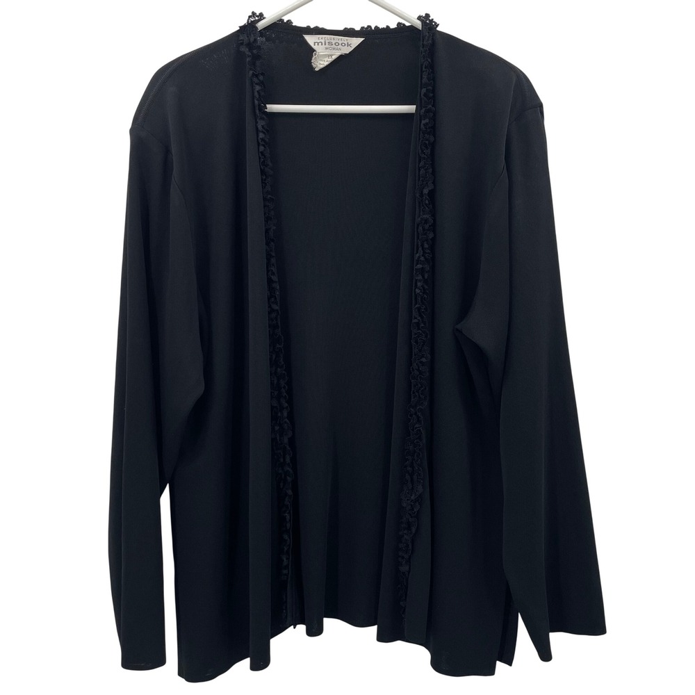 MISSOOK WOMAN Black Open Front Cardigan Ruffle Trim‎ 1X Acrylic Quiet Luxury